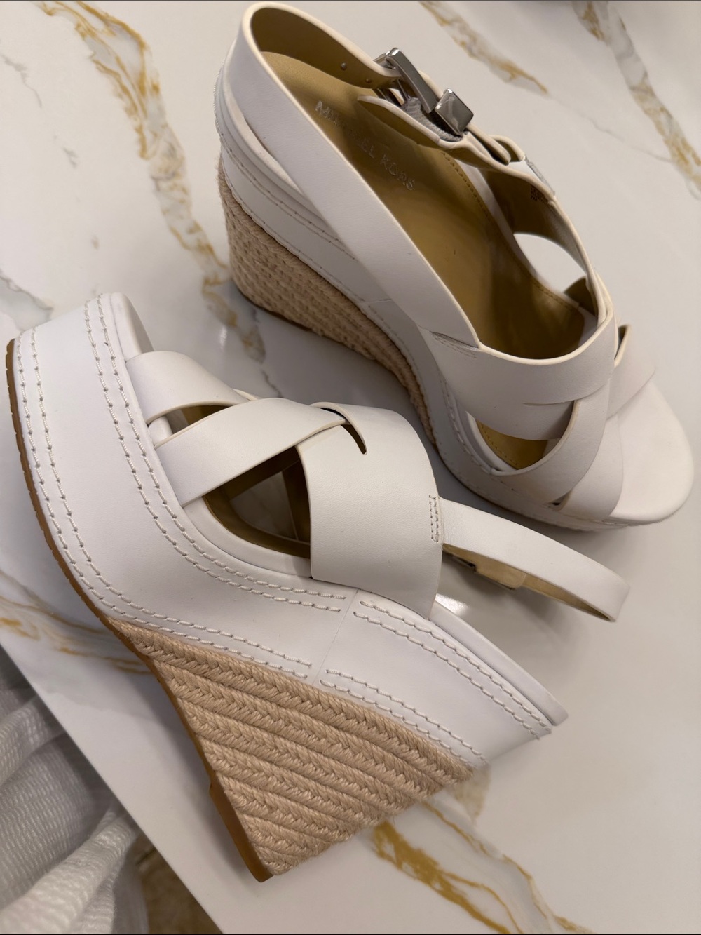 Michael Kors White Leather Espadrille Wedge Sandals
